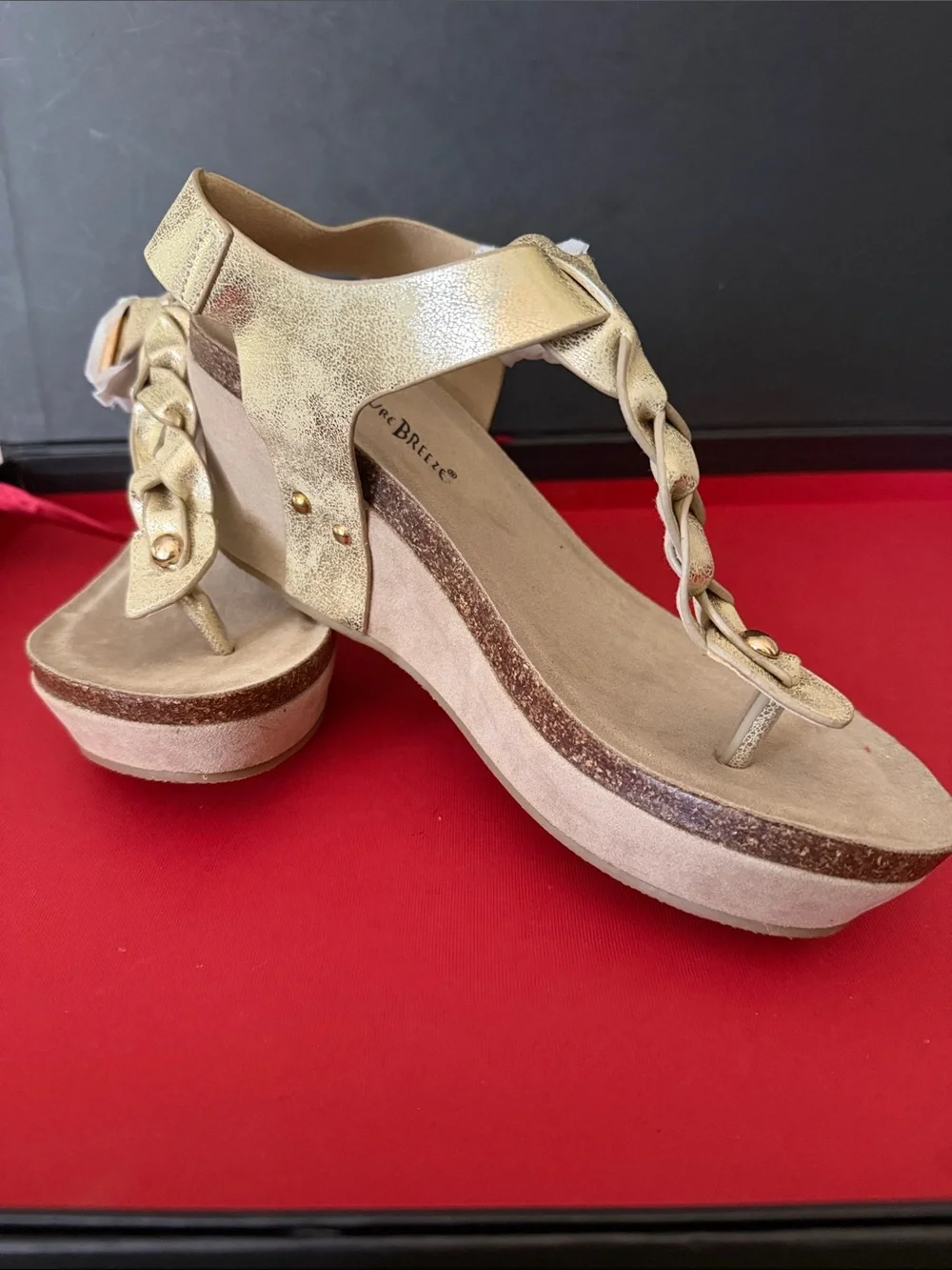 Natural Breeze NWOB Gold Braided T-Strap Wedge Sandals